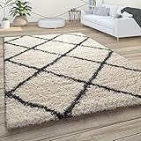 Paco Home Hochflor Teppich Wohnzimmer Schlafzimmer Shaggy Skandinavisch Rautenmuster, Grösse:150 cm Quadrat, Farbe:Creme