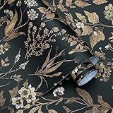 Fiula Selbstklebende Tapete Blumen Blätter Vinyl Klebefolie Blumentapete 44CM*3M Wasserdicht Wandschutzfolie Schlafzimmer Wohnzimmer Möbelfolie Wandtapete Klebetapete Schwarz Hellbraun Dekorfolie