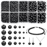 Qingmeng Schwarze Perlen, 1750 Stück 4/6/8/10mm Runde Bastelperlen zum Auffädeln mit Armbänder- und Halskette-Loch