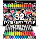 Zenacolor 32 Textilstifte Waschmaschinenfest - Textilfarbe Waschmaschinenfest - Ungiftig, Waschfeste und Permanente Stoff Marker ideal für T-Shirts, Stofftaschen - Für Kinder und Erwachsene