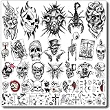 CHARLENT Halloween Temporäre Tattoos für Erwachsene – 9 Blätter Totenkopf Fake Tattoos für Männer und Frauen, Schwarze Totenkopf Tattoo Aufkleber