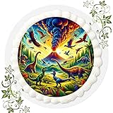 VSW Für den Geburtstag ein Tortenbild, Zuckerbild mit Motiv, Essbares Foto für Torten, Tortenbild, Tortenaufleger Ø 20cm FONDANT Dinosaurier Dino Dinos Nr. 13