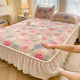 Spannbettlaken mit Blumenprint & Rüschen-Dentelle – Elastische Hülle für Matratzen bis 25 cm – Atmungsaktiv, 2-in-1 als Bettauflage und Betthimmel – Queen/King(Floral,120 * 200cm)