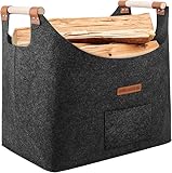 XL Faltbarer Holzkorb für kaminholz Extra dicker Filz und verstärkter Griff | Kaminholzkorb für Einkauf, Holz, Zeitung oder Brennholz | Brennholzkorb Filzkorb (Dunkelgrau)