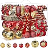Alupssuc 128 Teiliges Weihnachtskugel Set, 2025 Neues Bruchsicherer Kugeln und Blumen, Ornamente für Weihnachtsbaum, Feiertage, Hochzeiten, Partys mit Haken, Rot und Gold