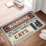 Matte für Schuhe vor der Tür. Warnung: Dieses Anwesen wird durch einen gut ausgebildeten Katzenteppich geschützt, Bauernhaus-Badteppich, Badematten für Badezimmer, rutschfest (Größe: 40 x 60 cm)