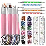 Nail Art Pinsel Set, FANDAMEI 15 Stücke Nagel Pinsel Rosa, 5 Stücke Dotted Pen, 10 Rolle Streifenband Nägel, Strasssteine Nägel, Ultra Dünn Nagel Pailletten für Nagelkunst Maniküre Set