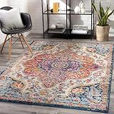 Livabliss Rabat Vintage groß - Wohnzimmer 140x200 cm, Esszimmer, Schlafzimmer, Orientalischer e Boho Style - Carpet Living Room, Bunter Muster, Fuchsie, Elfenbein, Orange, Blau