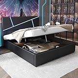 NADEUSAK Polsterbett,90x200 cm, Doppelbett mit Lattenrost, Rückenlehne, hydraulisches Funktionsbett, Synthetisches Leder, Schwarz, ohne Matratze