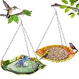 Vogelfutterspender für den Außenbereich, Metall, zum Aufhängen, stabiles Tablett, Wildvogel-Futterspender, exquisites Ahorn-Bananenblatt-Design für Garten, Hof, Dekoration, Grün + Orange
