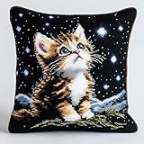 WallustrioaW Tier DIY Knüpfen Set Erwachsene,Katze unter den Sternen,Knüpfkissen Set Zum Sticken Und Stricken,Geschenk Für Erwachsene/Anfänger,43x43cm