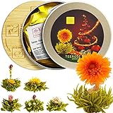 Tea Uniqo - Teeblumen Geschenkset zu Weihnachten, 6 Teerosen in Geschenk-Dose inkl. Untersetzer aus Bamboo, Grüner Tee mit Blüten