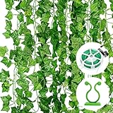 Efeu Künstlich Girlande Decko 12 Stück Grün Fake Efeu Pflanzen Efeuranke für Garten Hochzeit Party Wanddekoration (2.2m, mit 12 pcs Pflanzenclips, 30m Kabelbinder)