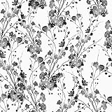 VEELIKE Tapete Floral Schwarz Weiß Blumentapete Aquarell 44.5 cm × 900 cmTapete Blumen Vintage Tapete Blätter Schwarz Weiß Fototapete Blumen Tapeten Wohnzimmer Modern Badezimmer Flur Küchentapeten