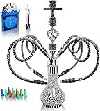 Shisha Komplettset mit 4 Schläuchen, 22'' Großes Shisha Kit für bis zu 4 Personen mit allem inklusive, Keramikschüssel | Premium-Schlauch| Schöne Glasvase (Schwarz CL0)