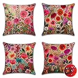 Ohok Wasserdicht Kissenbezug 45x45 cm, 4er Set Dekorativ Outdoor Kissenhülle Deko Sofakissen Couchkissen Zierkissenbezüge für Sofa Wohnzimmer Balkon Garten Auto (Heiße Blumen)