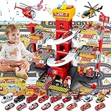 BuzzoXerex 5-stöckige Parkgarage für Kinder, Rennbahn mit 14 Spielzeugautos & 3 Hubschraubern, Parkhaus mit Aufzug, Autorennbahn & Licht‑Sound, Geschenk für Kinder 5–9 Jahre(Brandbekämpfung)