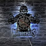 FANCYLIFE Motorrad Biker Classic King Skull LED Licht Farbwechsel Vinyl Wanduhr