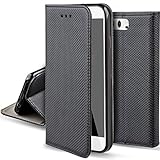 Moozy Hülle Flip Case für Huawei P10, Schwarz - Dünne Magnetische Klapphülle Handyhülle mit Kartenfach und Standfunktion