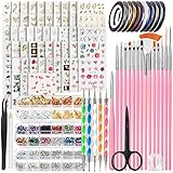 54 Blätter Wassertransfer Nagelsticker & Nail Art Pinsel Set, FANDAMEI Dotted Pens, Blattgold für Nagelkunst, Streifenband, Strasssteine, Werkzeug und Dekorationen Set für Nagelkunst Maniküre Set