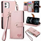 VEEMOS Handyhülle für Apple iPhone 12 / iPhone 12 Pro Hülle Klappbar Klapphülle Schutzhülle mit Kartenfach RFID Reißverschluss Handy Tasche Leder Flip Case Cover Handytasche Frauen - Rosa