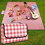 GUSUWU Picknickdecke 200 cm x 200 cm, wasserdicht, Stranddecke, Picknick-Matte, waschbar, leicht, mit Griff, rot kariert, für Wandern, Reisen, Outdoor, Camping, Parks
