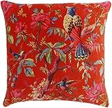 Paoletti Paradise Quadratischer Kissenbezug - Orange Bunter Vogel-Print Samtiger Baumwollstoff (50 x 50 cm, 1 Stück)