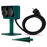 REV Gartensteckdose - 2-Fach Outdoor Steckdose, IP44 Spritzwasserschutz, 1,4m Gummikabel, mit Erdspieß & Bodenplatte für Flexible Montage, grün