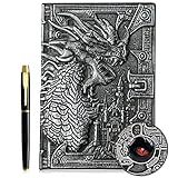 3D Drachen Vintage Tagebuch+Stift Set,A5 Notizbuch Liniert,Personal Organizer DND Journal Notebook Planner,GeburtstagGeschenk für Männer Frauen Erwachsene Kinder (Silver)
