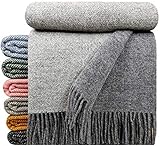 STTS International Wolldecke 100% Schurwolle Wohndecke in versch. Farben 140 x 200 cm Tagesdecke Schurwolldecke Woll-Plaid Tirol (Grau-Hellgrau (Double face 1), 140 x 200 cm)