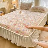 Spannbettlaken mit Blumenprint & Rüschen-Dentelle – Elastische Hülle für Matratzen bis 25 cm – Atmungsaktiv, 2-in-1 als Bettauflage und Betthimmel – Queen/King(Beige,120 * 200cm)