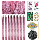 Yudaohair Oropel Haarset mit Werkzeug, Haarverlängerungen mit rötlich-rosafarbenem Oropel, für Damen, Mädchen, glänzendes und glänzendes Feenhaar, 111,7 cm (44 Zoll)