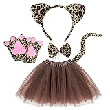 MIVAIUN 5 Stück Leoparden Kostüm Set Tier Kostüm Tier Verkleiden Set Leopard Haarreif Fliege Schwanz Pfoten Handschuhe Rock Set Kostüm Dschungel für Dschungel Party Maskerade (Braun)