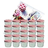 MamboCat 25er Set Sturzglas 230 ml Marmeladenglas Einmachglas Einweckglas to 82 rot Karierter Deckel incl. Diamant-Zucker Gelierzauber Rezeptheft