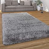 Paco Home Hochflor Teppich Wohnzimmer Schlafzimmer Shaggy Weich Modern Pastell Einfarbiges Design, Grösse:60x100 cm, Farbe:Grau