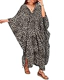 Bsubseach Damen Casual Kaftan Kleid Batwing Sleeve Plus Size Strandkleid Maxi Caftan Graue Leopardenflecken