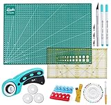Rollschneider Tool Kit, Rollschneider mit 3 Ersatzklingen+A3 Schneidematte +Patchwork Lineal+10 Stoffklammern+Stecknadeln+Schnitzmesser als Nähzubehör,45mm Rollschneider Set für Stoff,Papier,Leder
