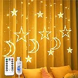 Weihnachts-LED-Vorhang-Lichterkette – 30 cm, 12 Tropfen, 120 LED-Stern-Mond-Hängeleuchten mit Fernbedienung, 8 blinkende Modi, USB-betriebene Weihnachtsdekorationen Lichter für Innen- und Außenbereich