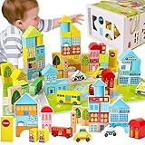 Onshine 62 Teile Bunte Holzbausteine, Bauklötze Holz, Koffer mit Formen Sortieren, Motorikspielzeug Holzspielzeug für Baby Kinder Jungen Mädchen ab 3 Jahre