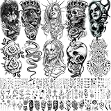 62 Blatt Halloween Temporäre Tattoos Damen Herren Wolf Löwe Skelett Arm, 3D Realistisch Klebe Tattoos Aufkleber Erwachsenen, Totenkopf Vampir Fake Tattoo Zum Aufkleben Schlange Blume Kompass