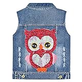 Yao Kleine Mädchen Jeans Weste Frühling Herbst Pailletten Eule Weste Mantel (Eule, 5-6 Jahre)