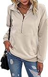 Ranphee Troyer Pullover Beige Damen Heibst Oversize Sweatshirt ohne Kapuze Kuschel Warmer Long Sleeve Moderne Basic Teenager Pulli mit Reissverschluss