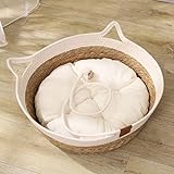 Rukuapid Rattan Katzenhütte Katzenhöhle Katzenbett, Rund Haustierbett,Handgefertigter Rattankorb und 100% Baumwollekissen,40x40x13 cm Katzenkorb,Braun&Weiss (Baumwollekissen)