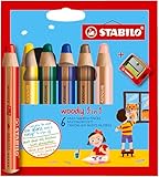 STABILO - Buntstift, Wasserfarbe & Wachsmalkreide - woody 3 in 1-6er Pack mit Spitzer - 6