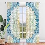 Highdi Voile Vorhänge mit Ösen 2er Set, Transparente Gardinen für Wohnzimmer Ösenschal Halbtransparent Ösenvorhang für Moderne Schlafzimmer (Blaues Mandala,W140 x H244 cm)