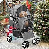 YITAHOME Hundewagen Katzenwagen mit Aufbewahrungskorb, 4 Rädern, Faltbarer Hundebuggy, Tragbarer Haustier Kinderwagen, Leicht, Praktisch, Abnehmbar (Grau)