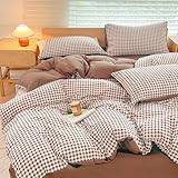Bettwäsche 155x220 Set,Mokka Kariert,Landhaus Karo 8mm, Geometrisch 155x220cm Bettbezug + 2 Kissenbezüge 80x80cm,Bauernkaro Design