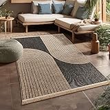Paco Home Hochwertiger Outdoor Teppich Wetterfest & Pflegeleicht Jute-Sisal-Optik mit Fransen & Hoch-Tief-Effekt Langlebig für Terrasse, Balkon, Garten & Küche, Grösse:120x160 cm, Farbe:Anthrazit