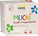 KREUL 28400 - Mucki Stoff-Fingerfarbe, leuchtkräftige Farben auf Wasserbasis für Kinder ab 2 Jahren, 4 x 150 ml Gelb, Rot, Grün, Blau