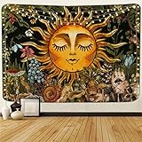 Alishomtll Brennende Sonne Wandteppich Vintage Garten Floral Wandbehang Frühling Mystic Pflanzen Blumen Tapisserie Schnecke Schädel Wandtuch Hippie Wandkunst für Schlafzimmer Wohnzimmer 210x150cm